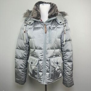 Eddie Bauer Yukon Model Down Puffer Jacket Silver Faux Fur Hood L11FN147 Women M
